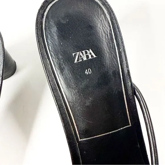 Zara Women's Black Strappy Block Heeled Sandals | Size 40 | Square Toe Slip-On - Picture 6 of 8